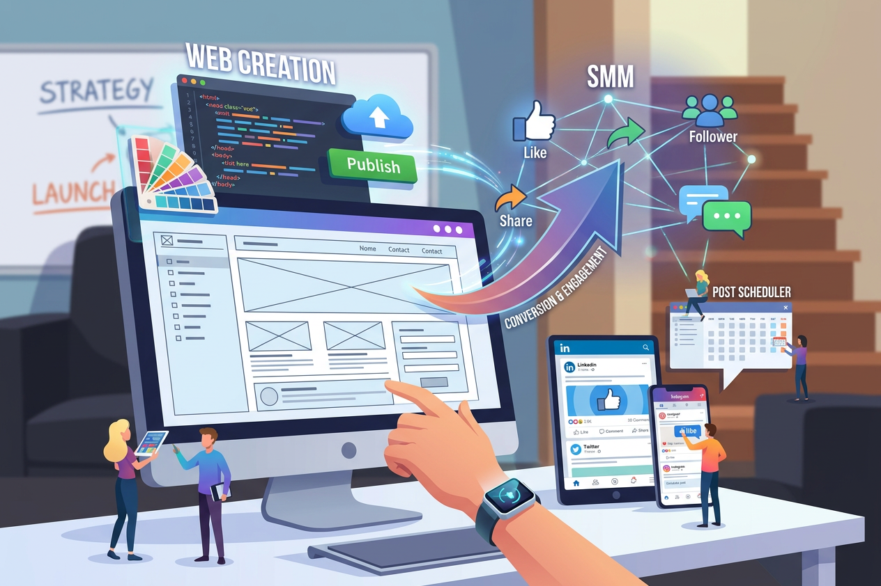 Digital marketing and web creation tools Desktop computer screen showing website design with coding, social media icons, and post scheduler features